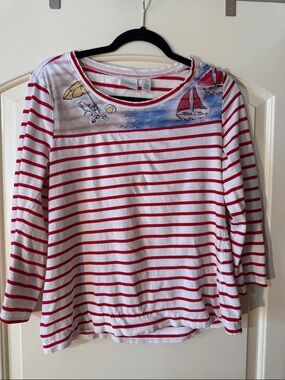 Chico's Red and White Striped Nautical-Print Long Sleeve Top S